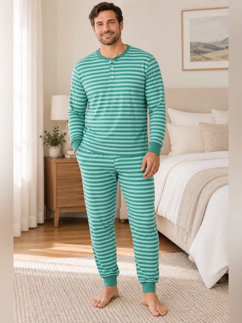 Lake Pajamas Mens XL Green Stripe Cotton Lounge Set Soft Sleepwear
